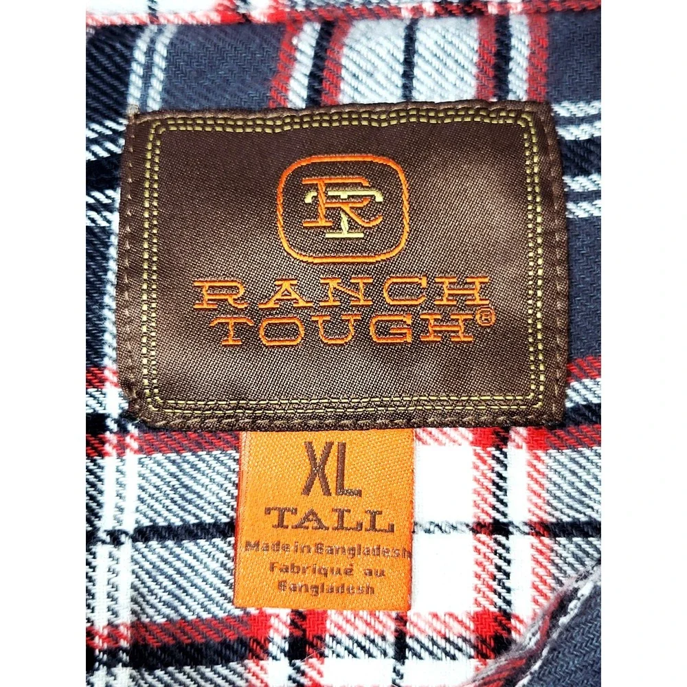 Ranch Tough Gray/Red‎ Plaid Button Down Flannel Shirt Pocket XL Tall Outdoor
